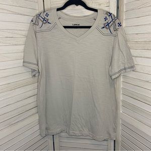 Carbon Off White and Blue Embroidered Detail Short Sleeve V Neck T Shirt L